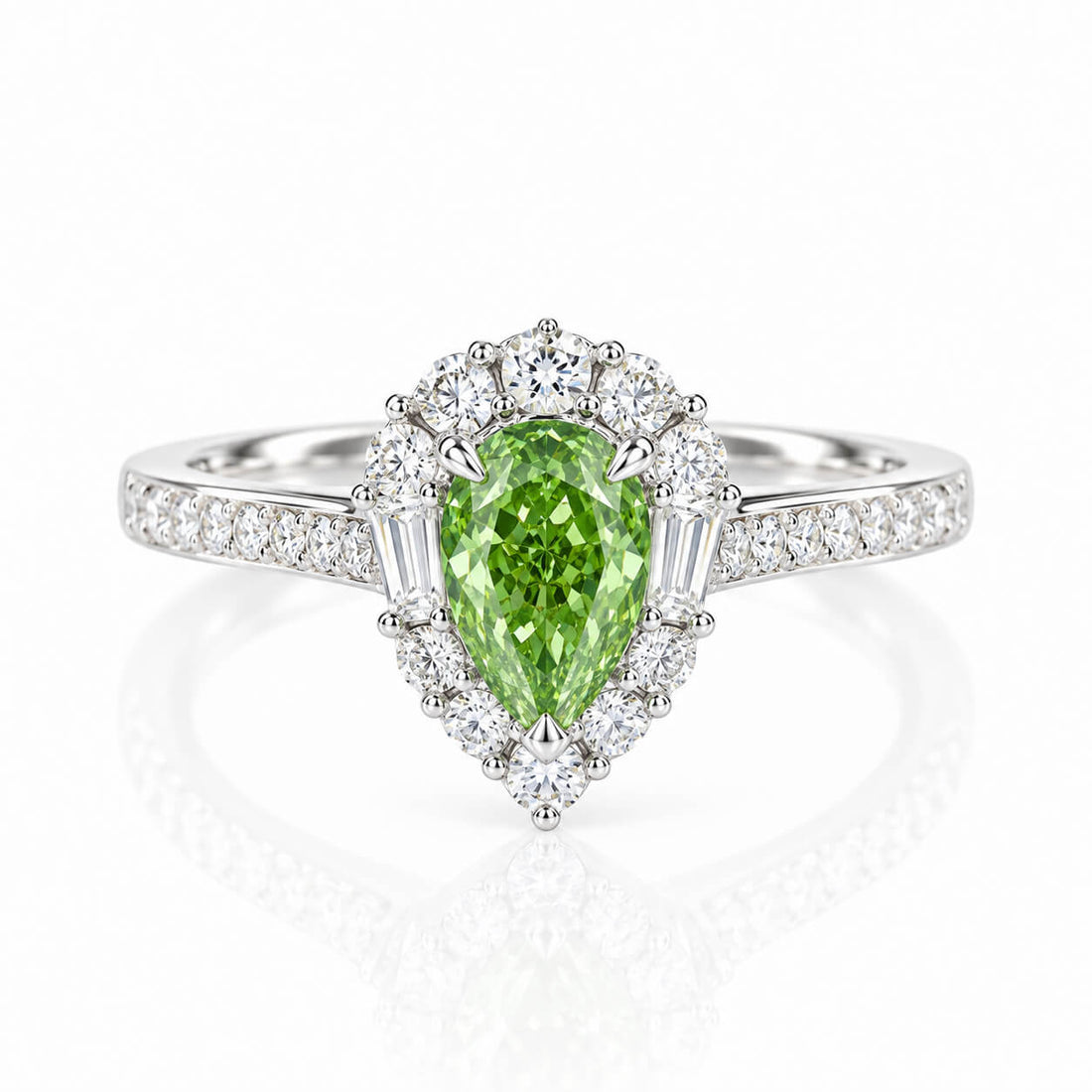 Halo setting pear cut lab grown green diamond engagement ring