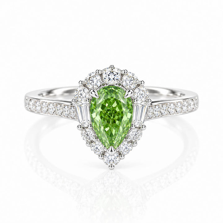 Halo setting pear cut lab grown green diamond engagement ring