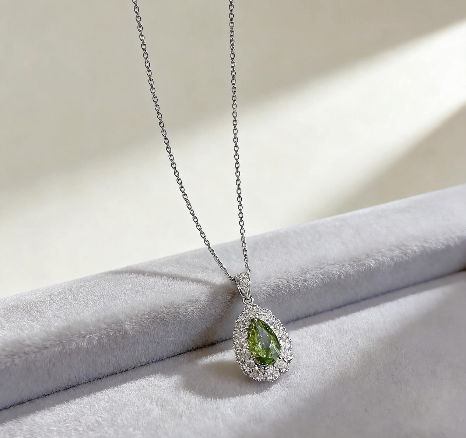 Halo setting pear cut lab grown green diamond pendant necklace