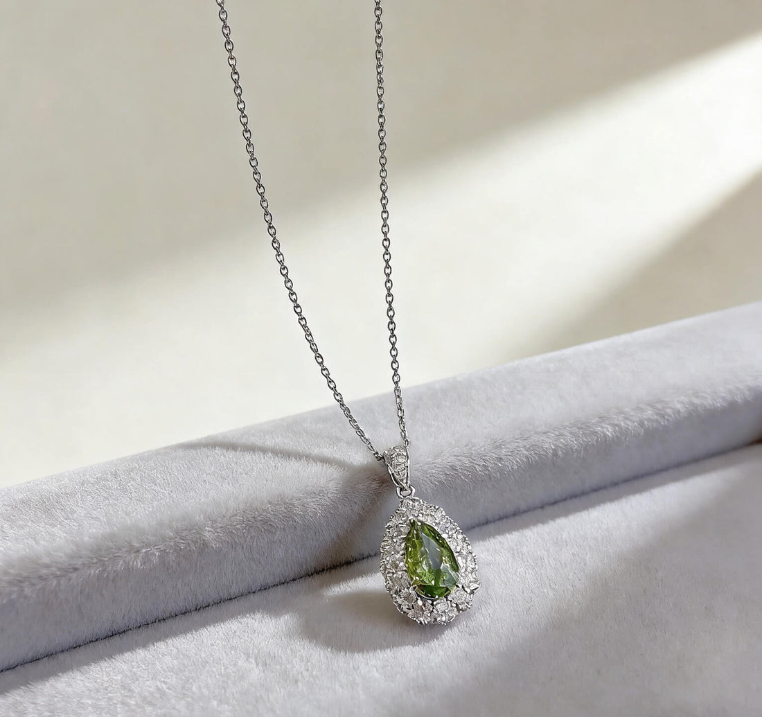 Halo setting pear cut lab grown green diamond pendant necklace