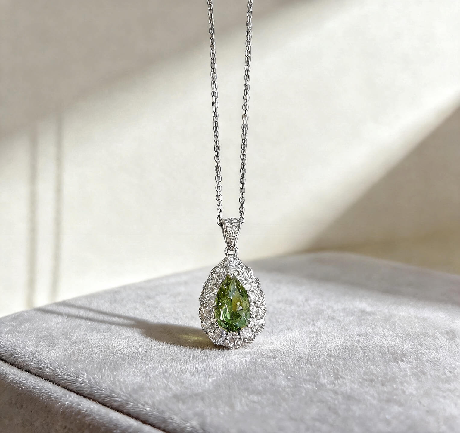 Halo setting pear cut lab grown green diamond pendant necklace