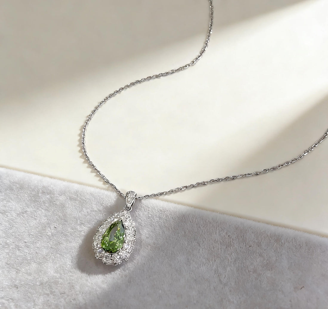 Halo setting pear cut lab grown green diamond pendant necklace