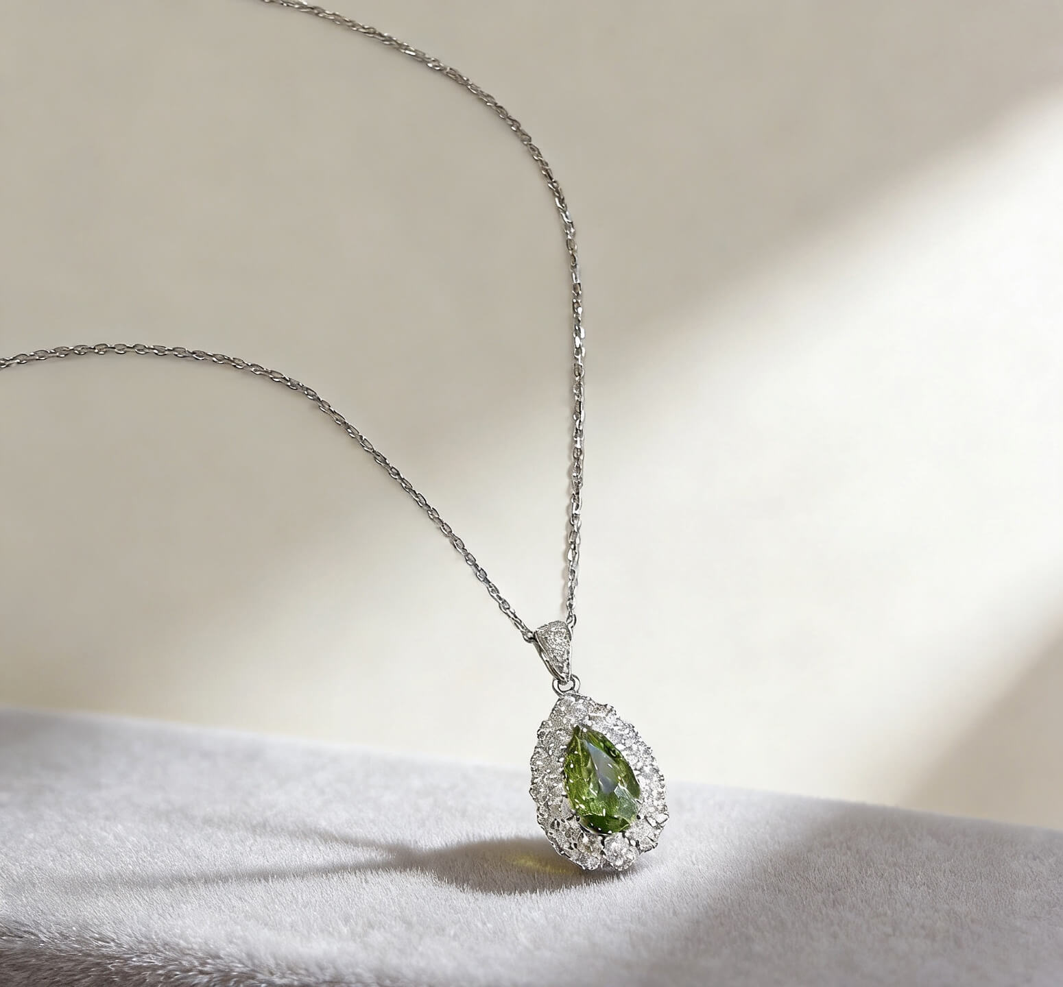 Halo setting pear cut lab grown green diamond pendant necklace