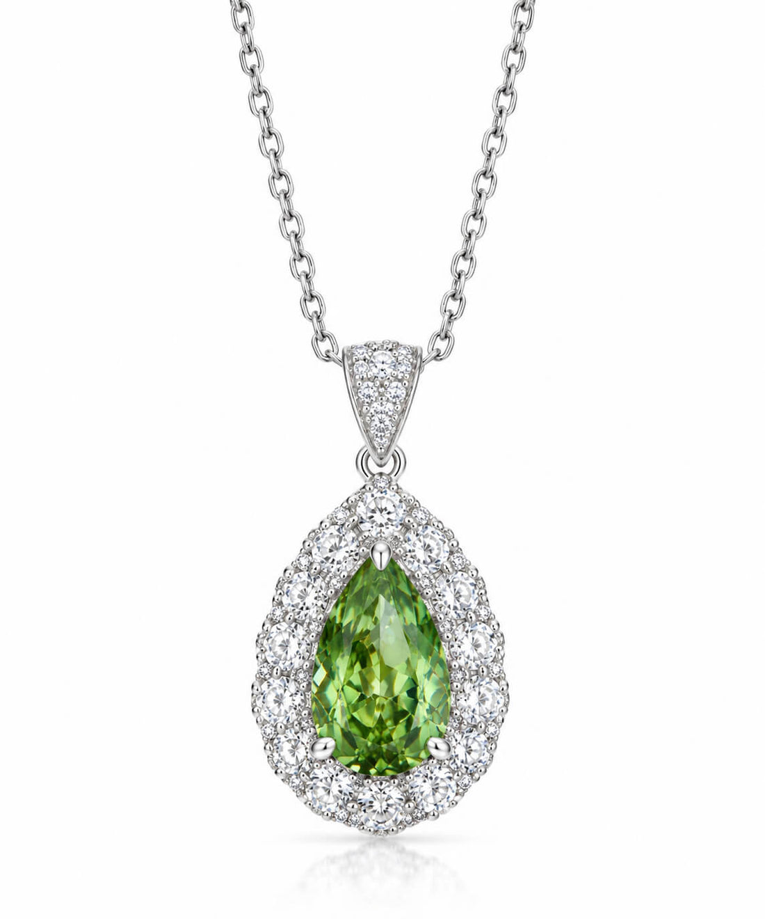 Halo setting pear cut lab grown green diamond pendant necklace