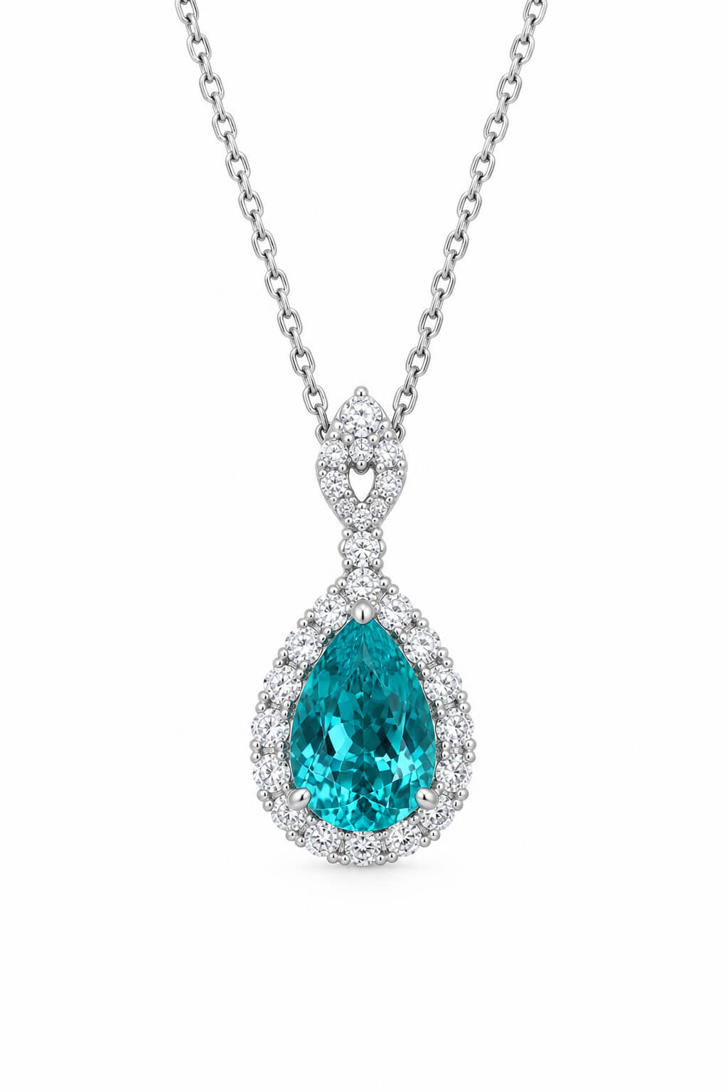 Halo setting pear cut lab grown paraiba pendant necklace