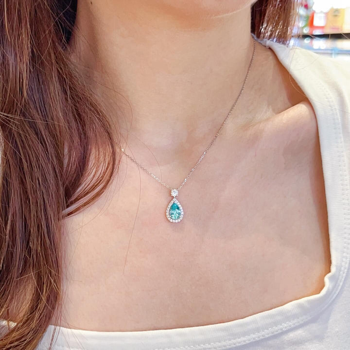 Halo setting pear cut lab grown paraiba pendant necklace
