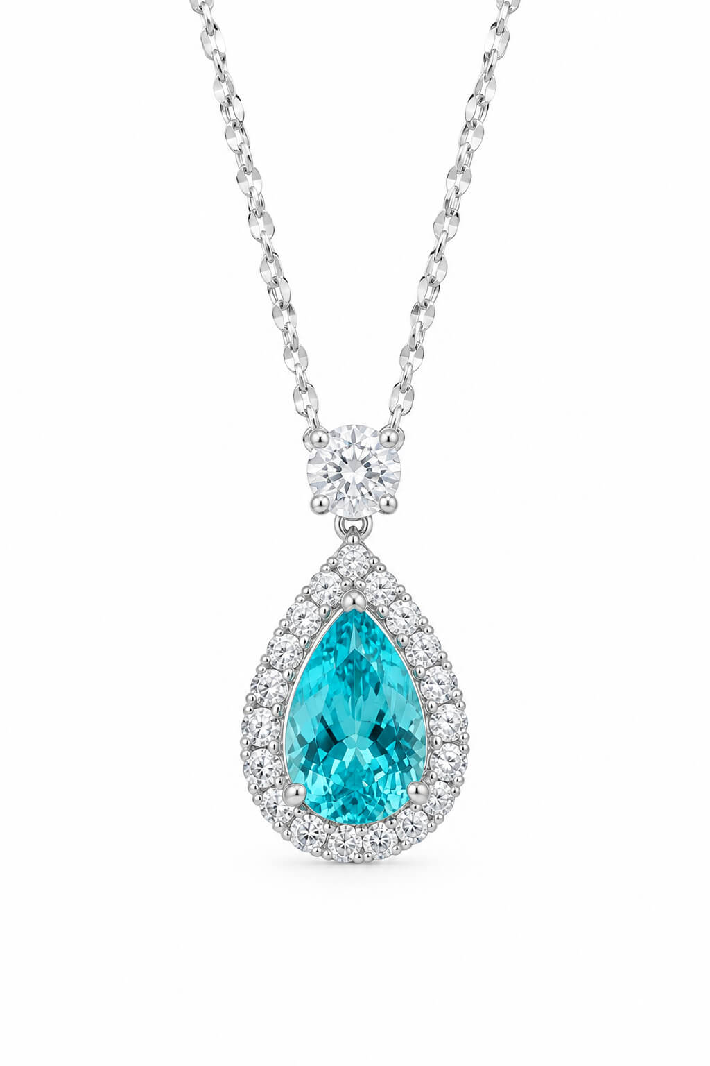 Halo setting pear cut lab grown paraiba pendant necklace