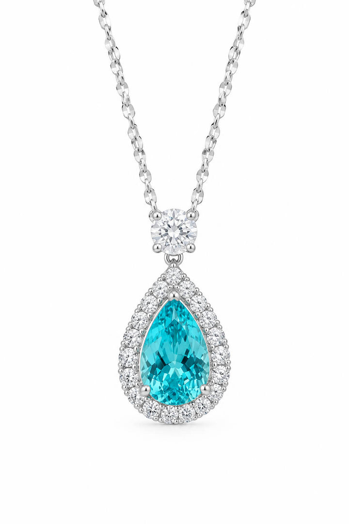 Halo setting pear cut lab grown paraiba pendant necklace