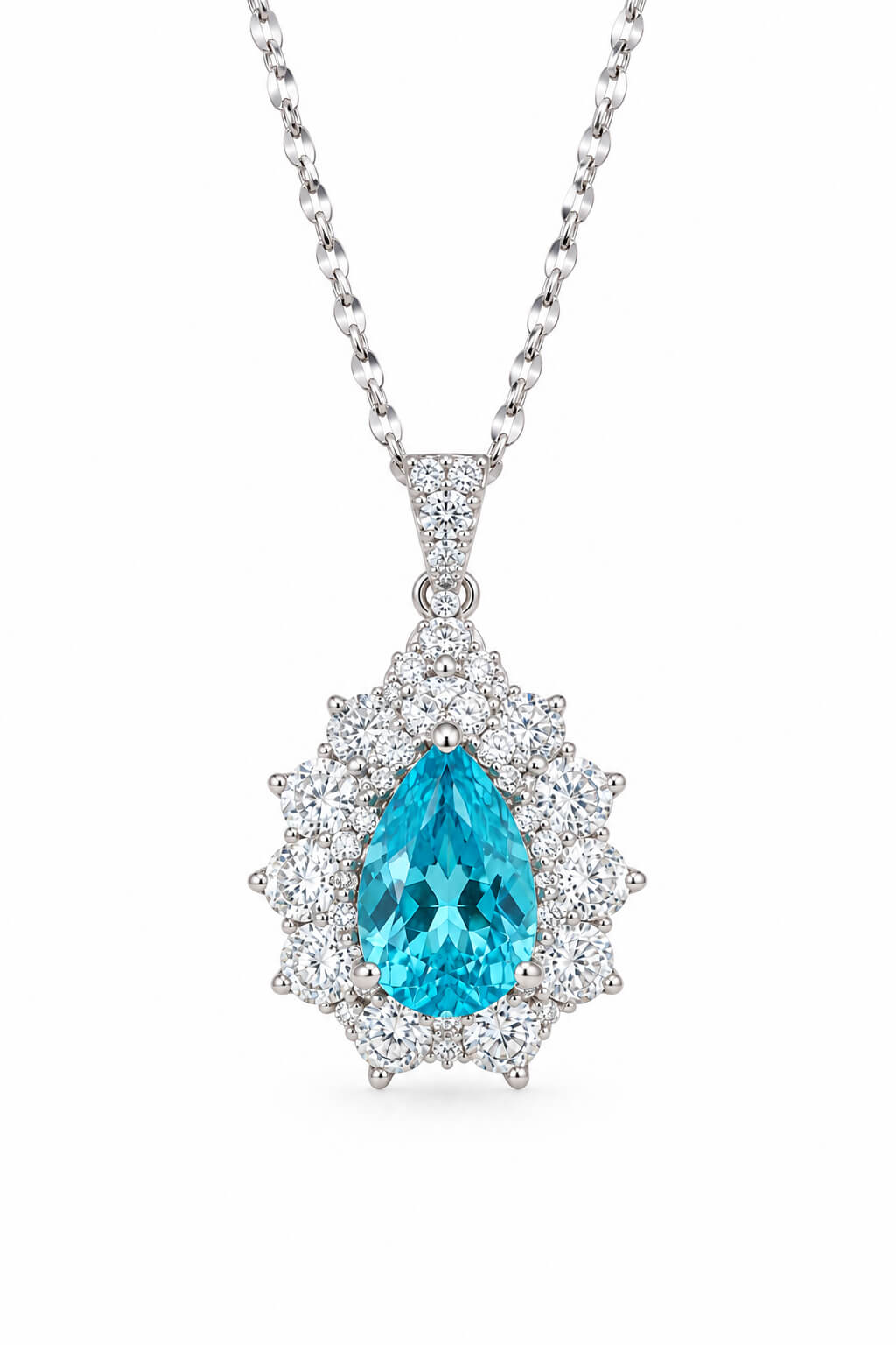 Halo setting pear cut lab grown paraiba pendant necklace