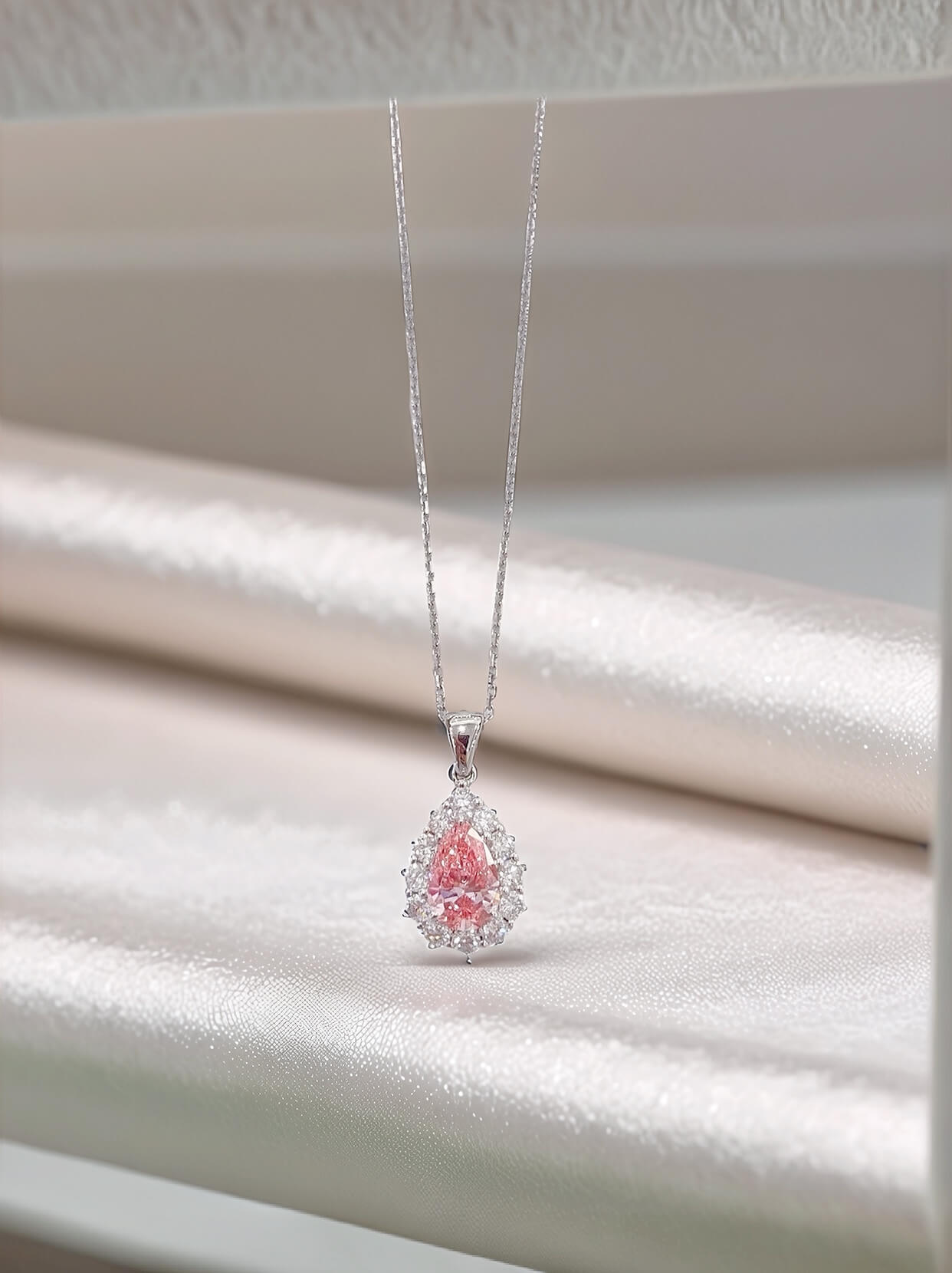 Halo setting pear cut lab grown pink diamond pendant necklace