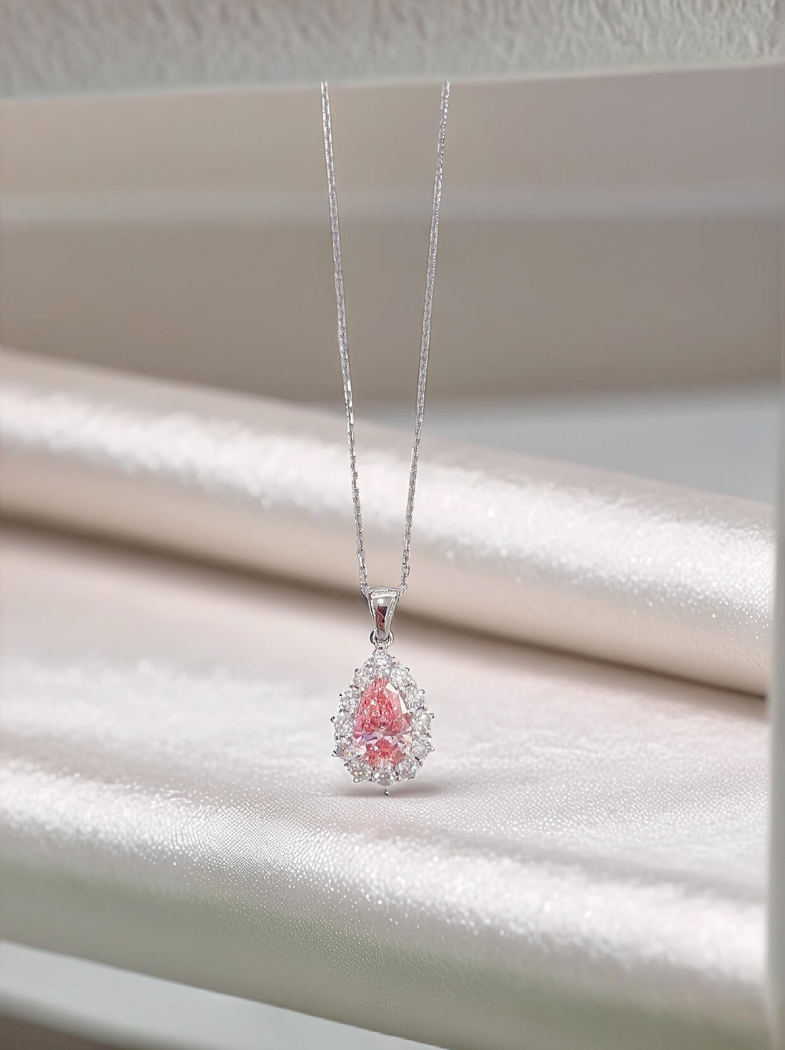Halo setting pear cut lab grown pink diamond pendant necklace