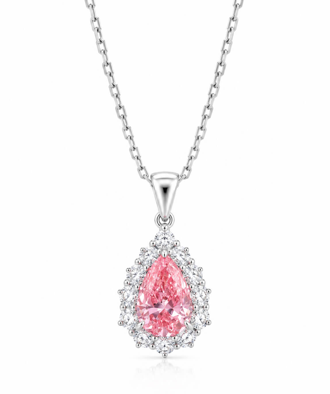 Halo setting pear cut lab grown pink diamond pendant necklace