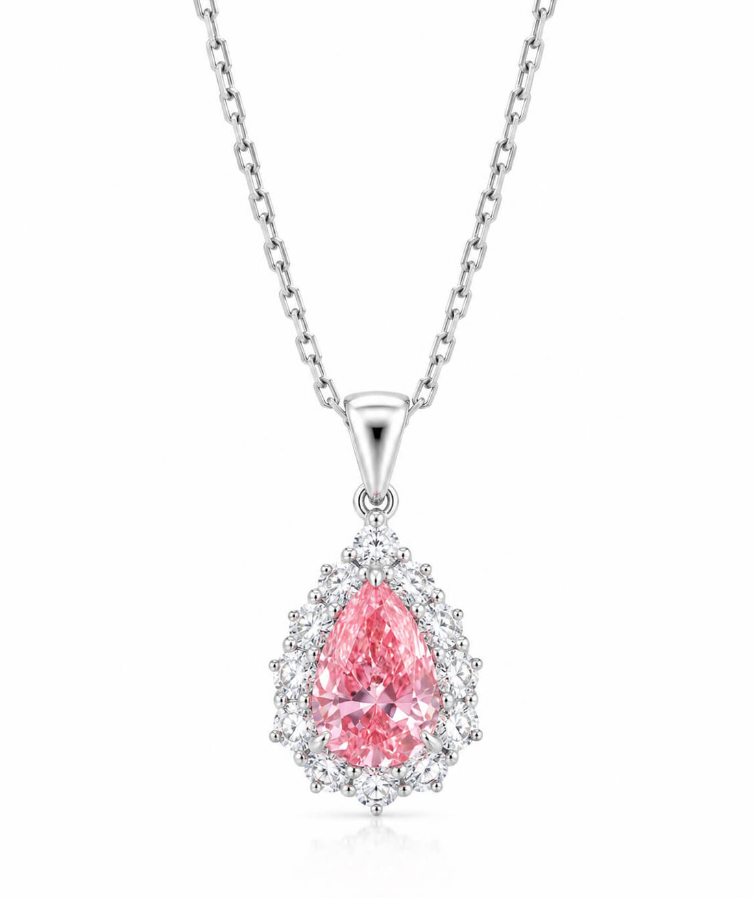 Halo setting pear cut lab grown pink diamond pendant necklace