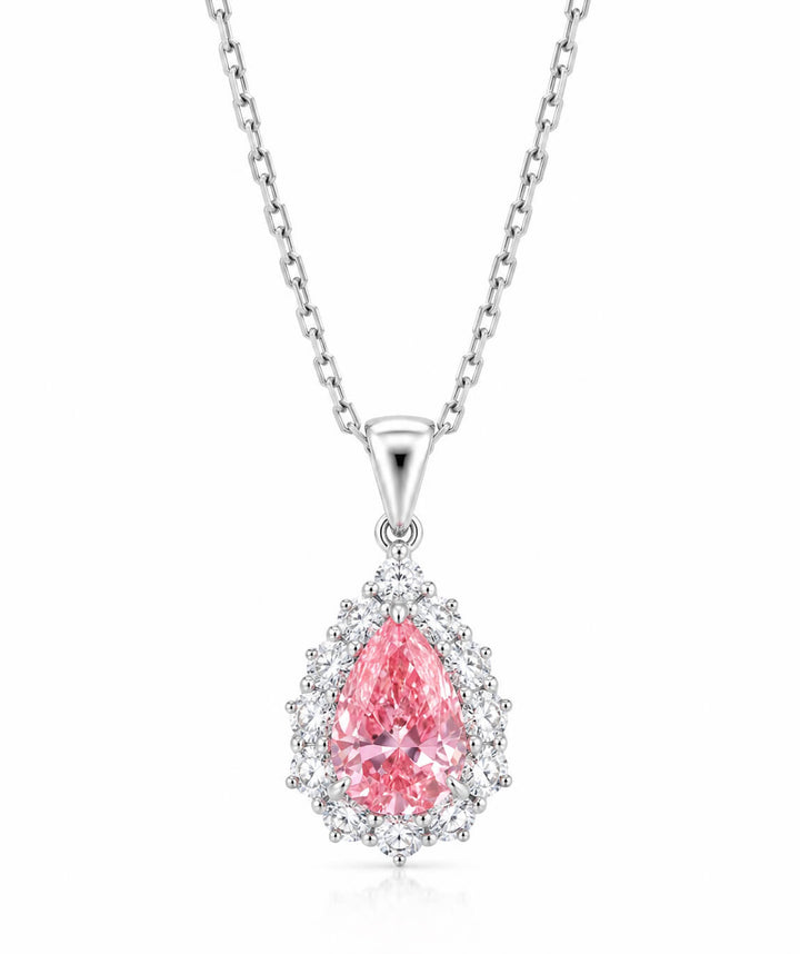 Halo setting pear cut lab grown pink diamond pendant necklace