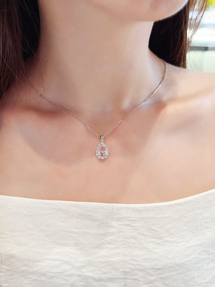 Halo setting pear cut lab grown pink diamond pendant necklace