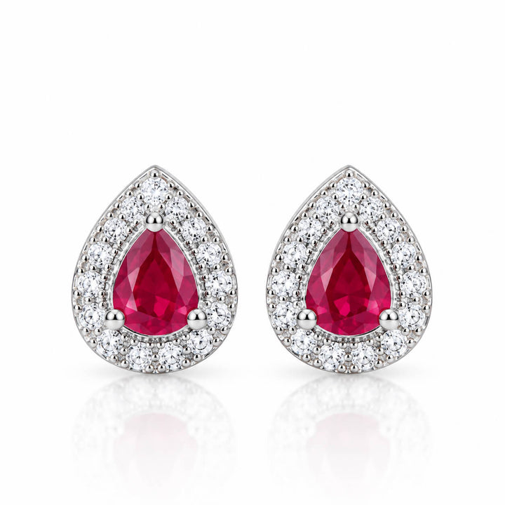 Halo setting pear cut lab grown ruby earrings stud