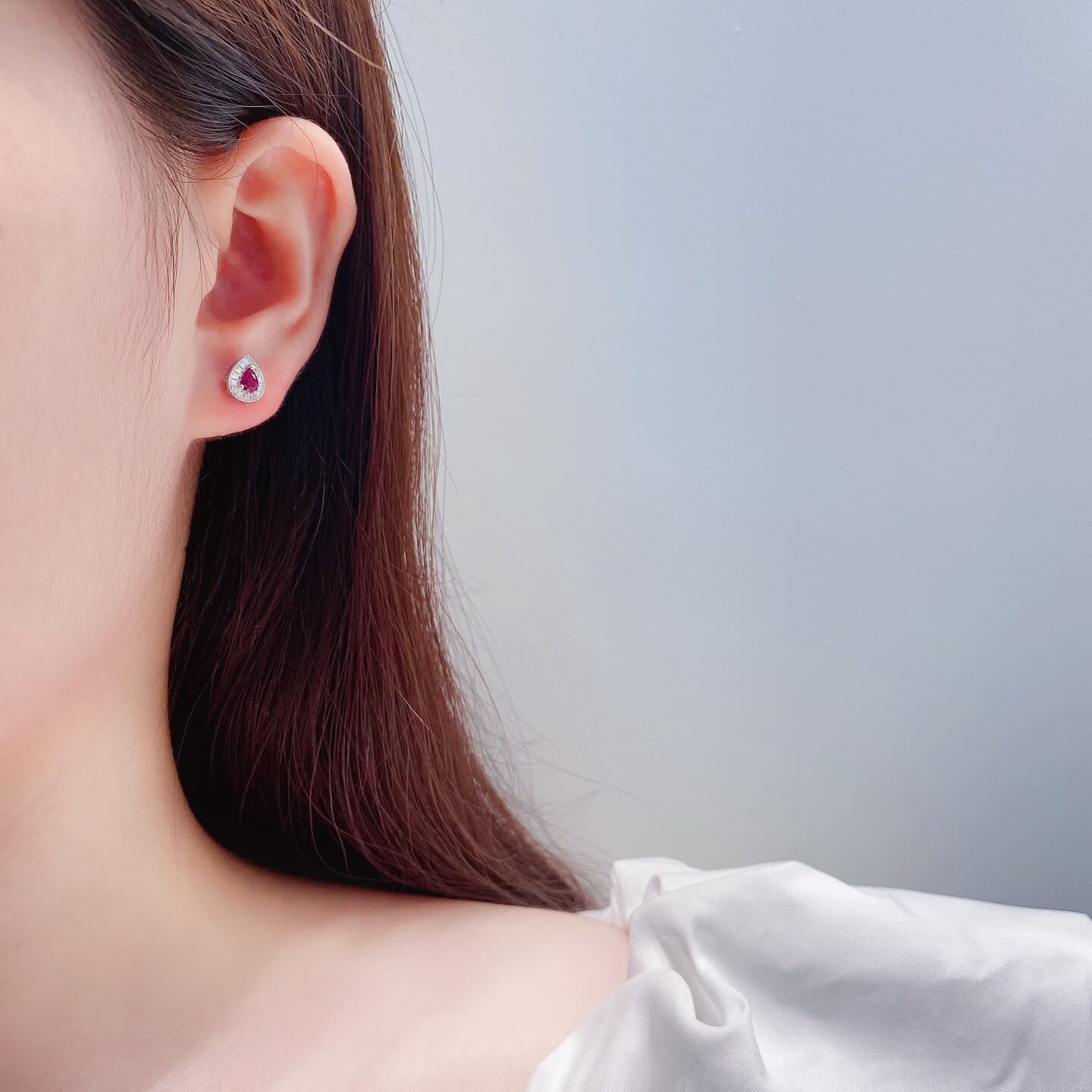 Halo setting pear cut lab grown ruby earrings stud