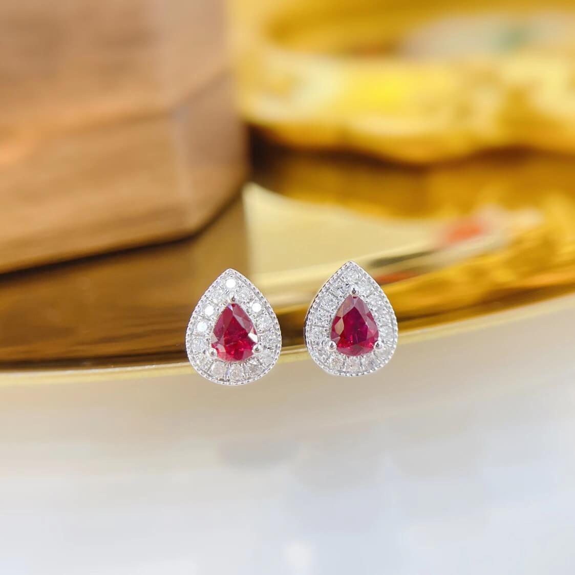 Halo setting pear cut lab grown ruby earrings stud