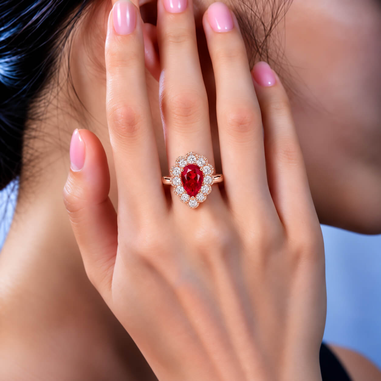 Halo setting pear cut lab grown ruby engagement ring