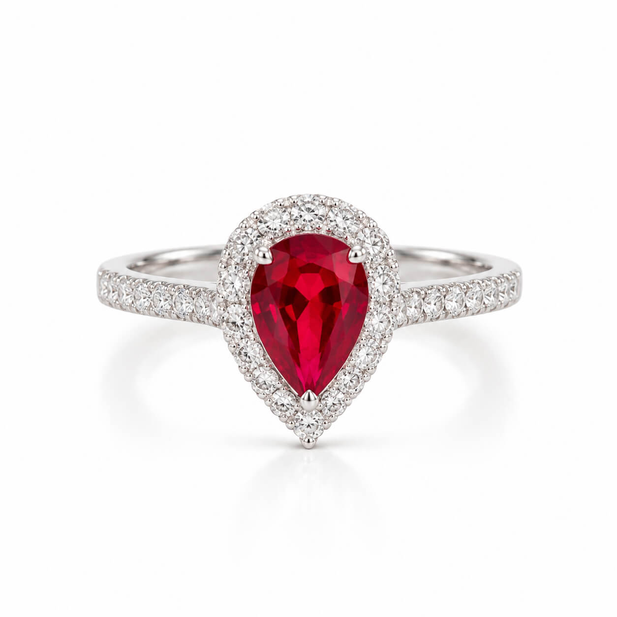 Halo setting pear cut lab grown ruby engagement ring