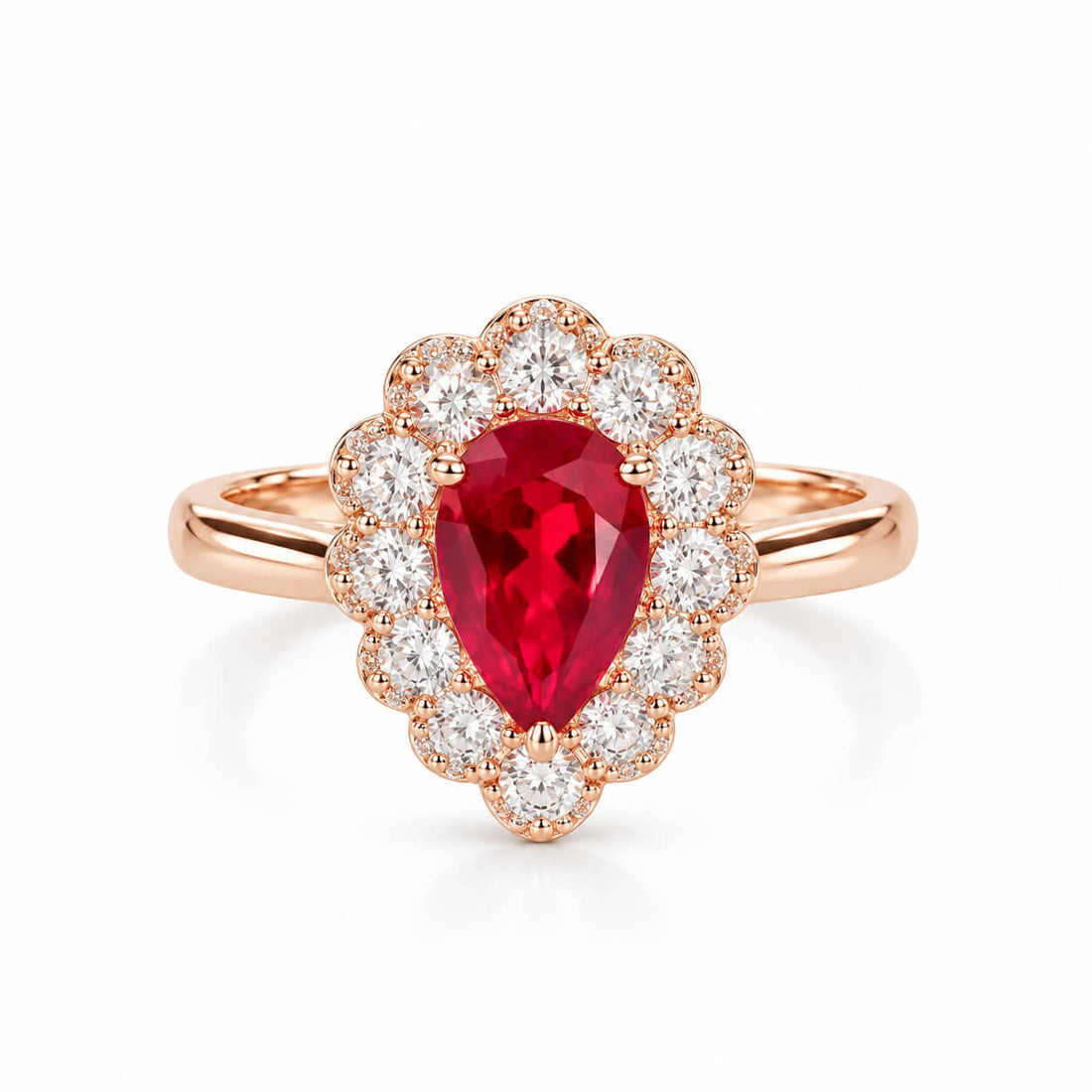 Halo setting pear cut lab grown ruby engagement ring