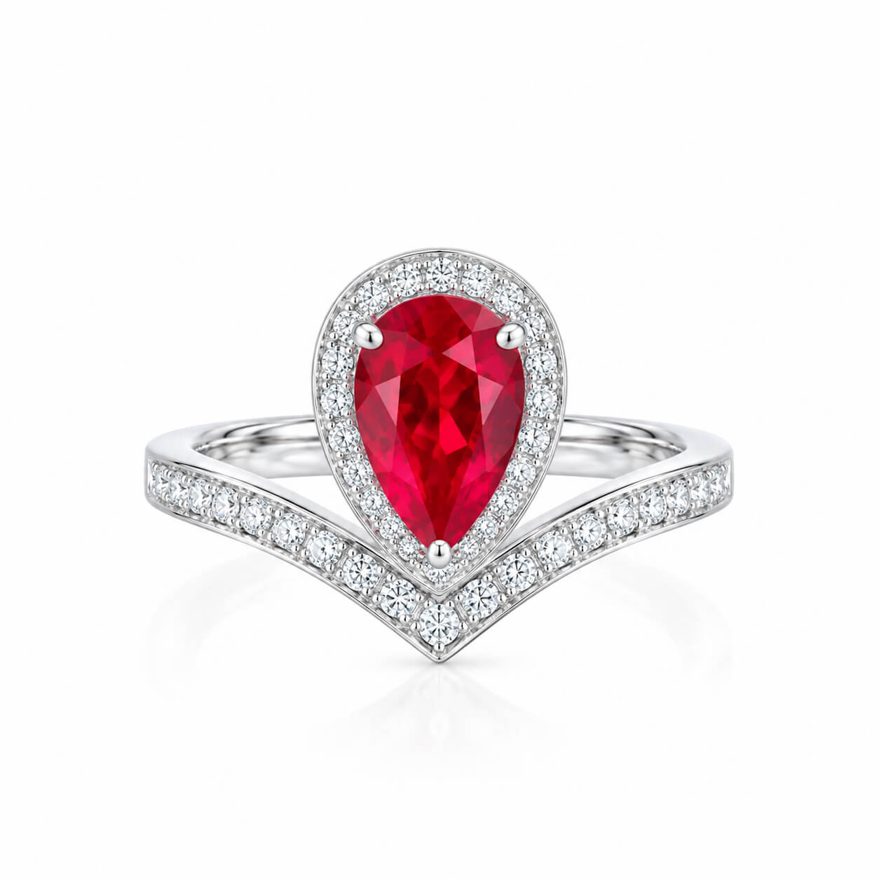 Halo setting pear cut lab grown ruby engagement ring