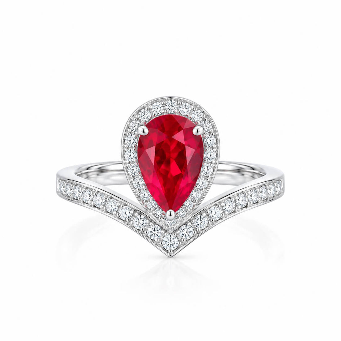 Halo setting pear cut lab grown ruby engagement ring
