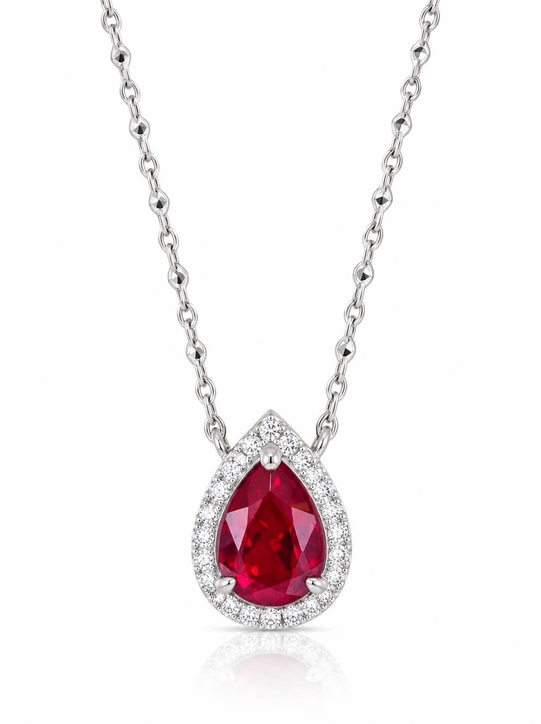 Halo setting pear cut lab grown ruby pendant necklace