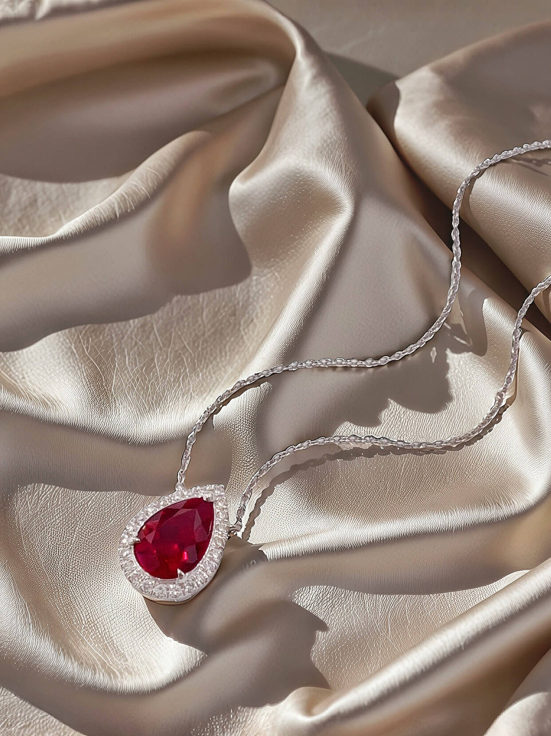 Halo setting pear cut lab grown ruby pendant necklace