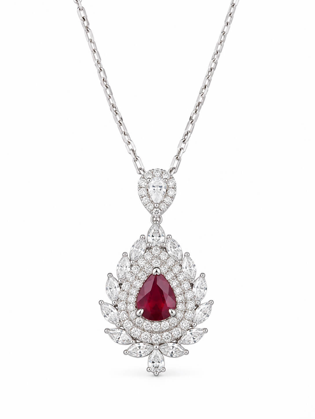 Halo setting pear cut lab grown ruby pendant necklace