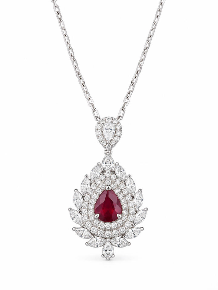 Halo setting pear cut lab grown ruby pendant necklace