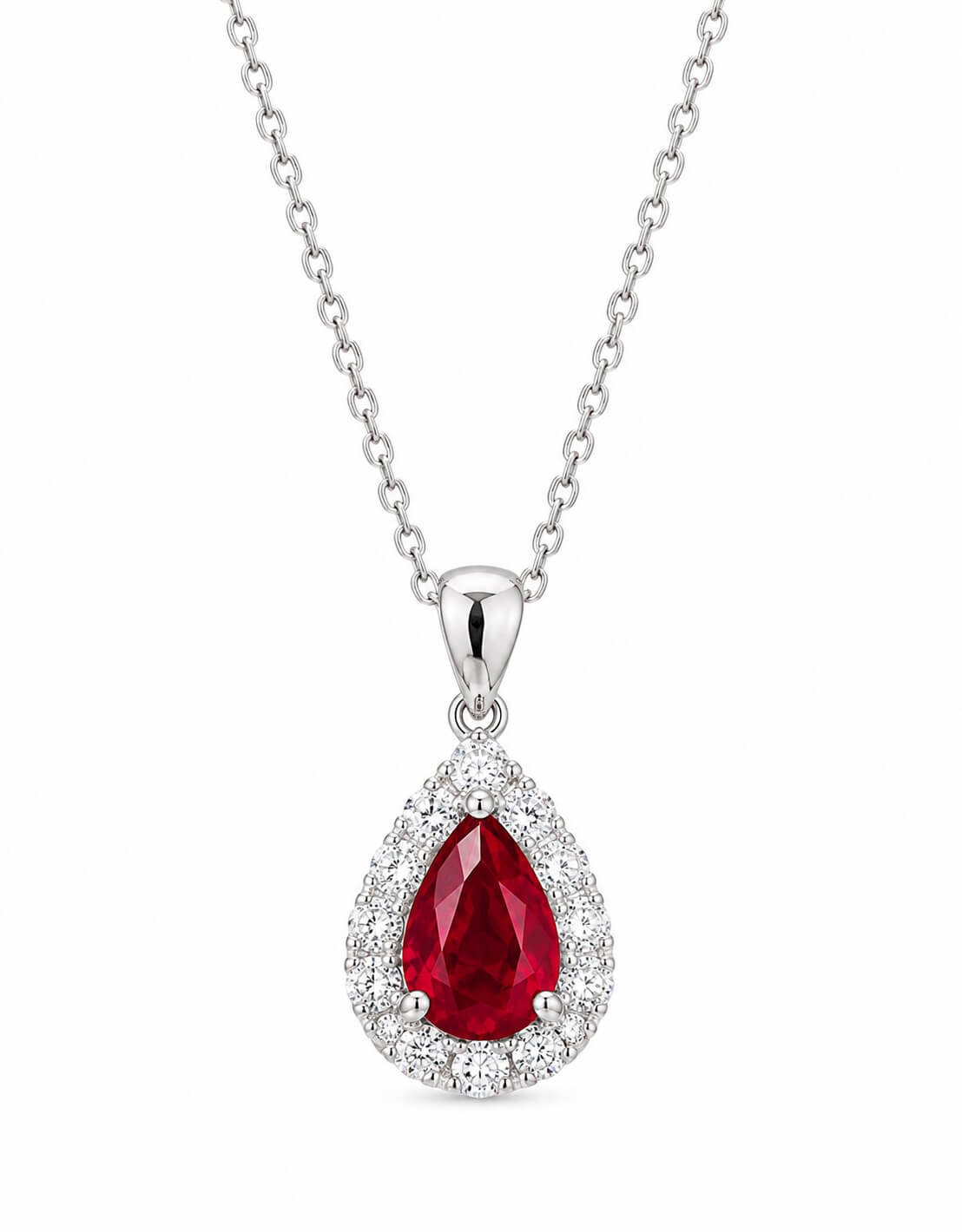 Halo setting pear cut lab grown ruby pendant necklace