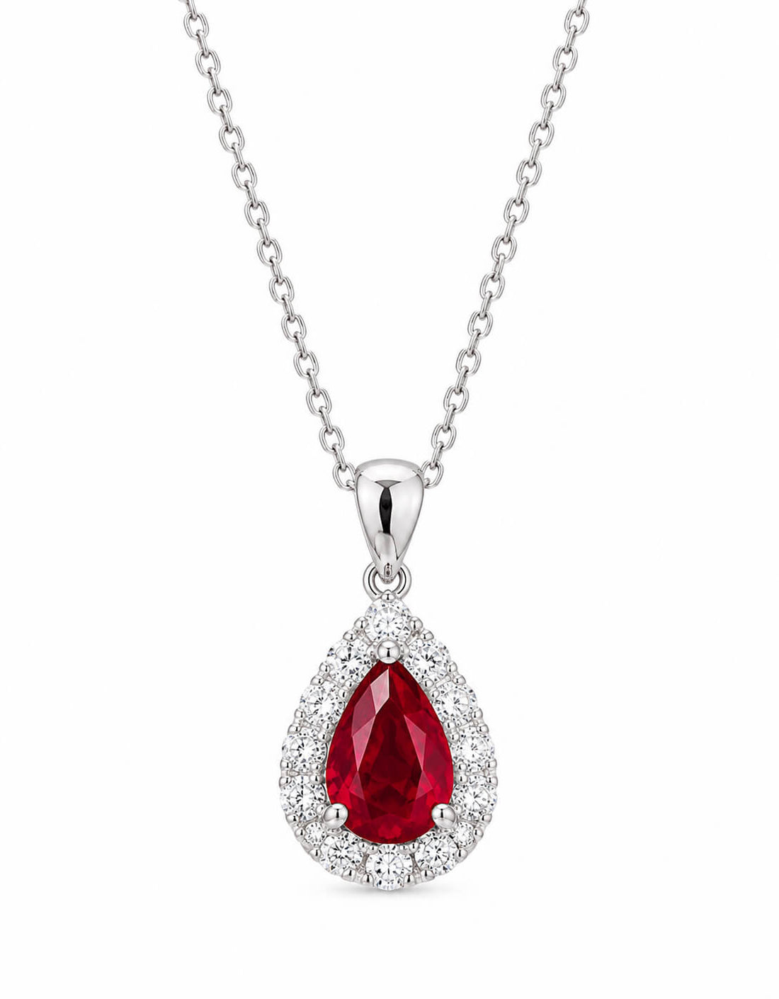 Halo setting pear cut lab grown ruby pendant necklace