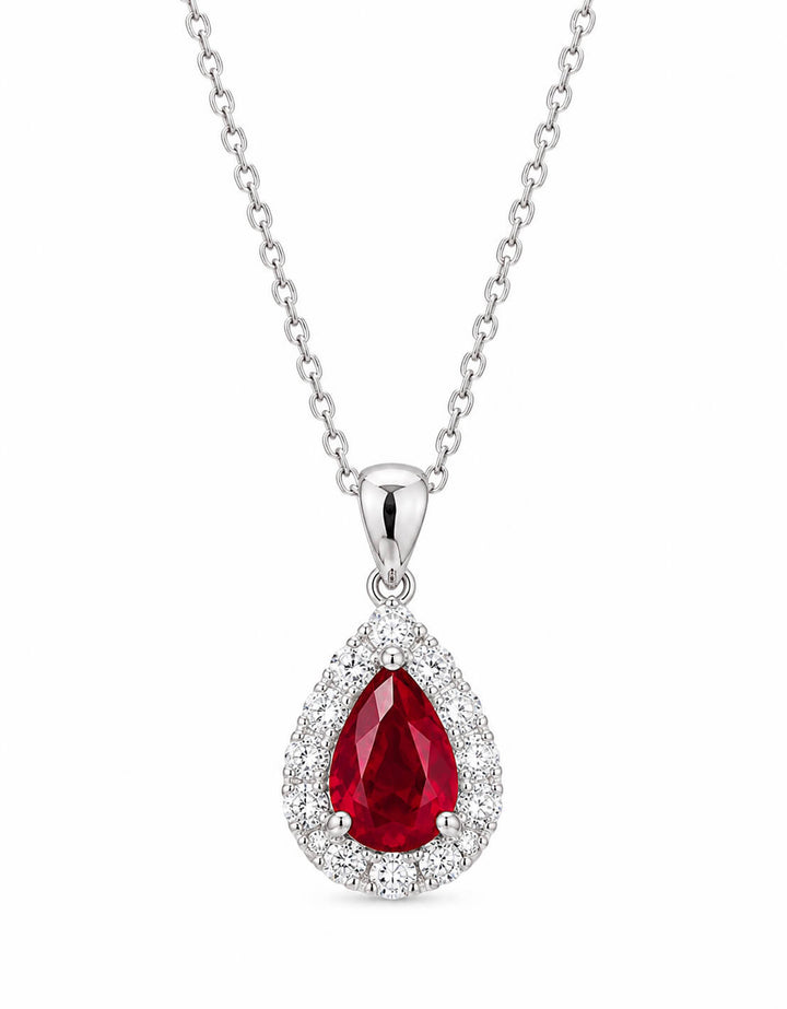 Halo setting pear cut lab grown ruby pendant necklace