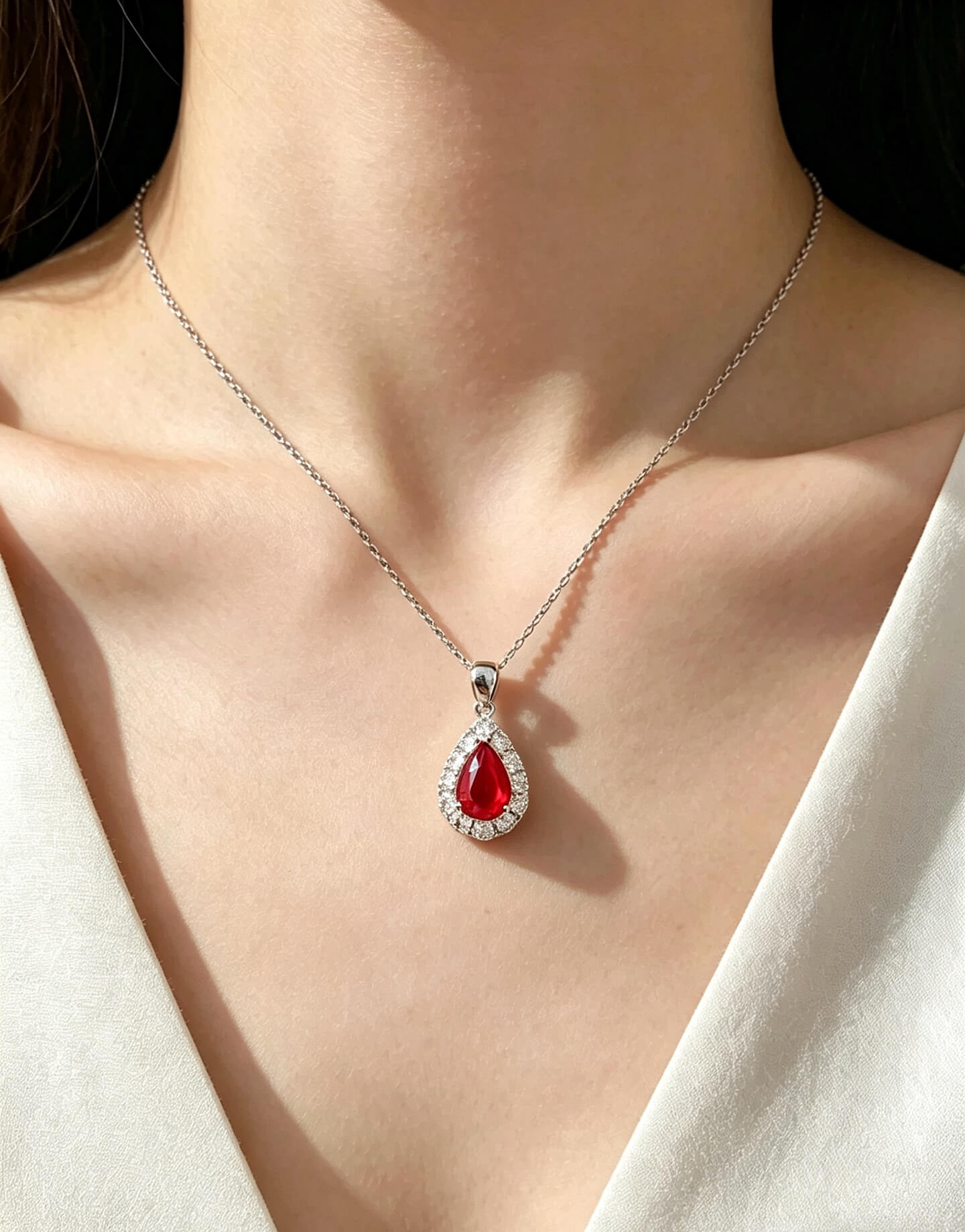 Halo setting pear cut lab grown ruby pendant necklace