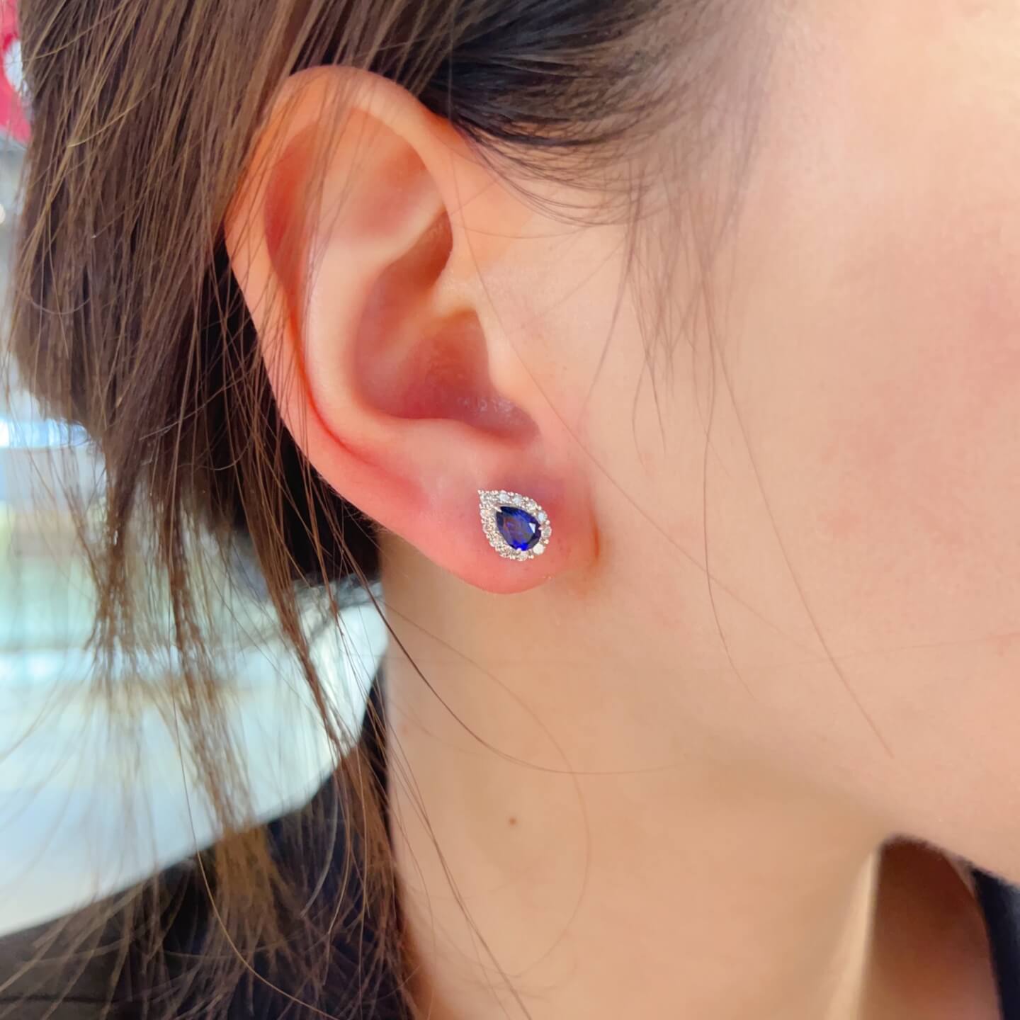 Halo setting pear cut lab grown sapphire earrings stud