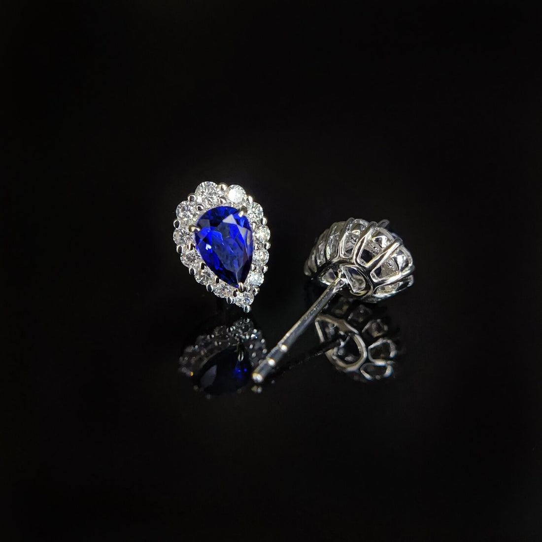 Halo setting pear cut lab grown sapphire earrings stud