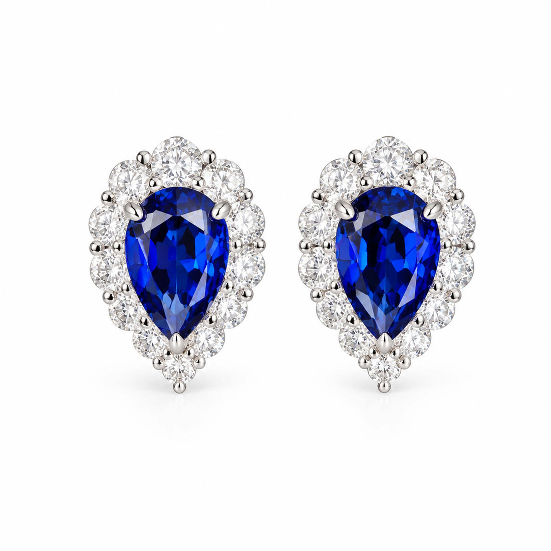 Halo setting pear cut lab grown sapphire earrings stud