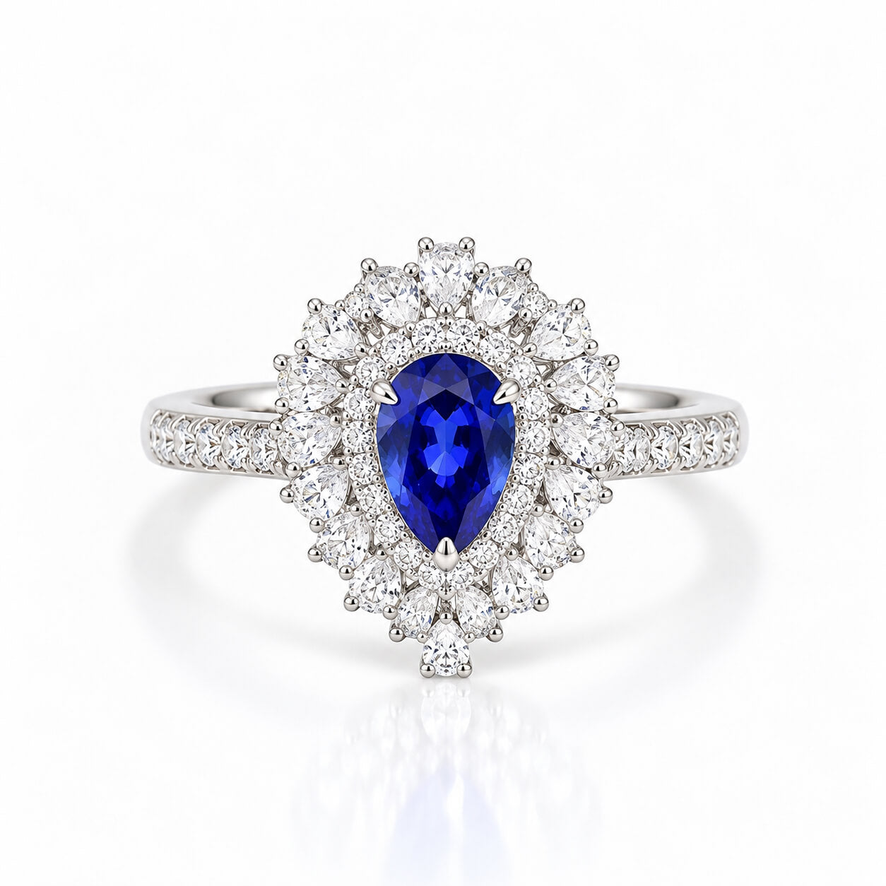 Halo setting pear cut  lab grown sapphire engagement ring