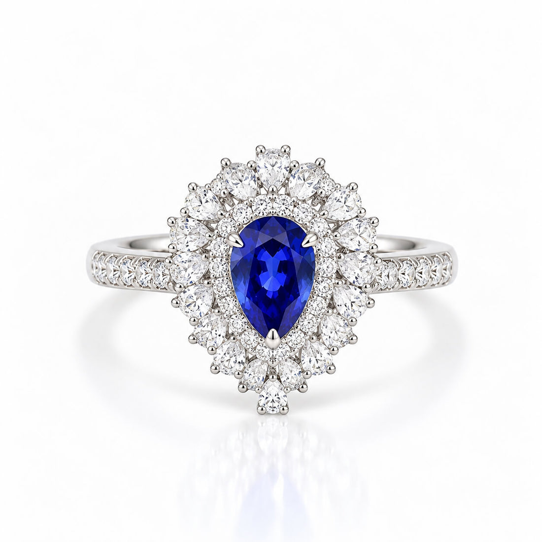 Halo setting pear cut  lab grown sapphire engagement ring