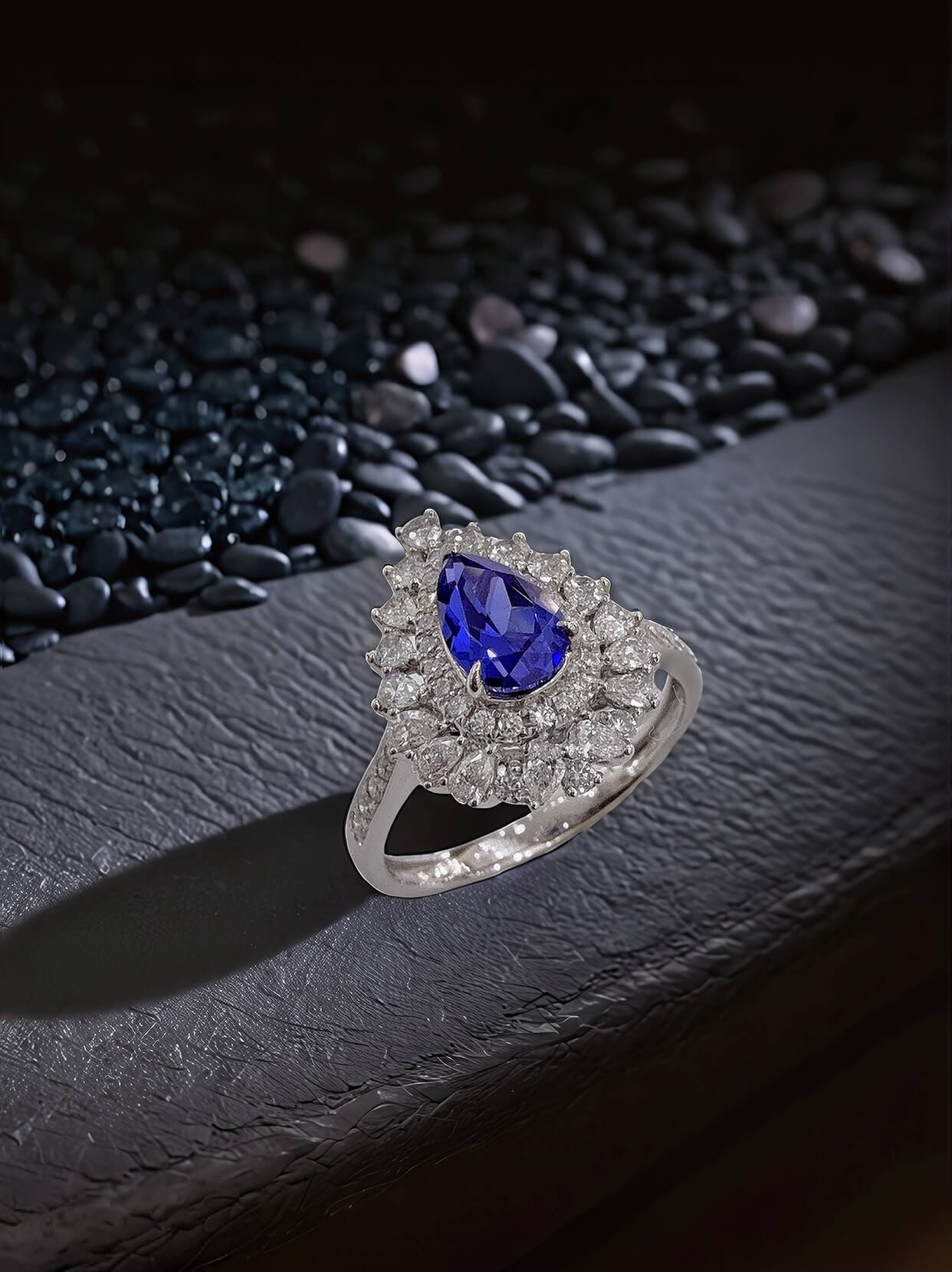 Halo setting pear cut  lab grown sapphire engagement ring