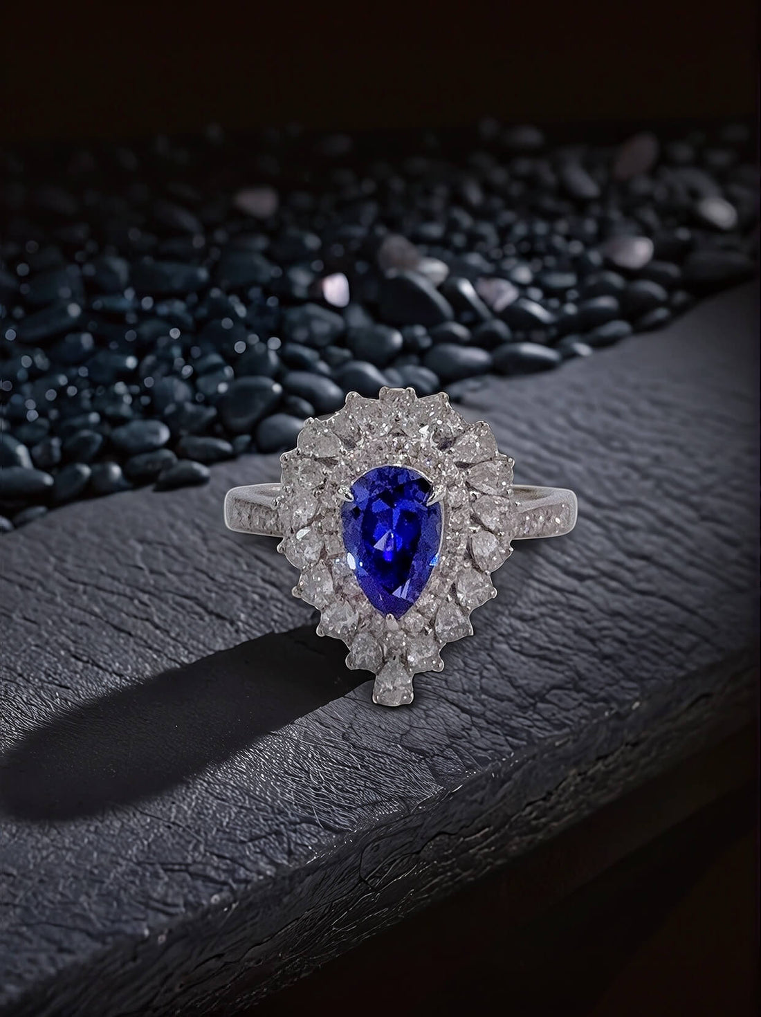 Halo setting pear cut  lab grown sapphire engagement ring