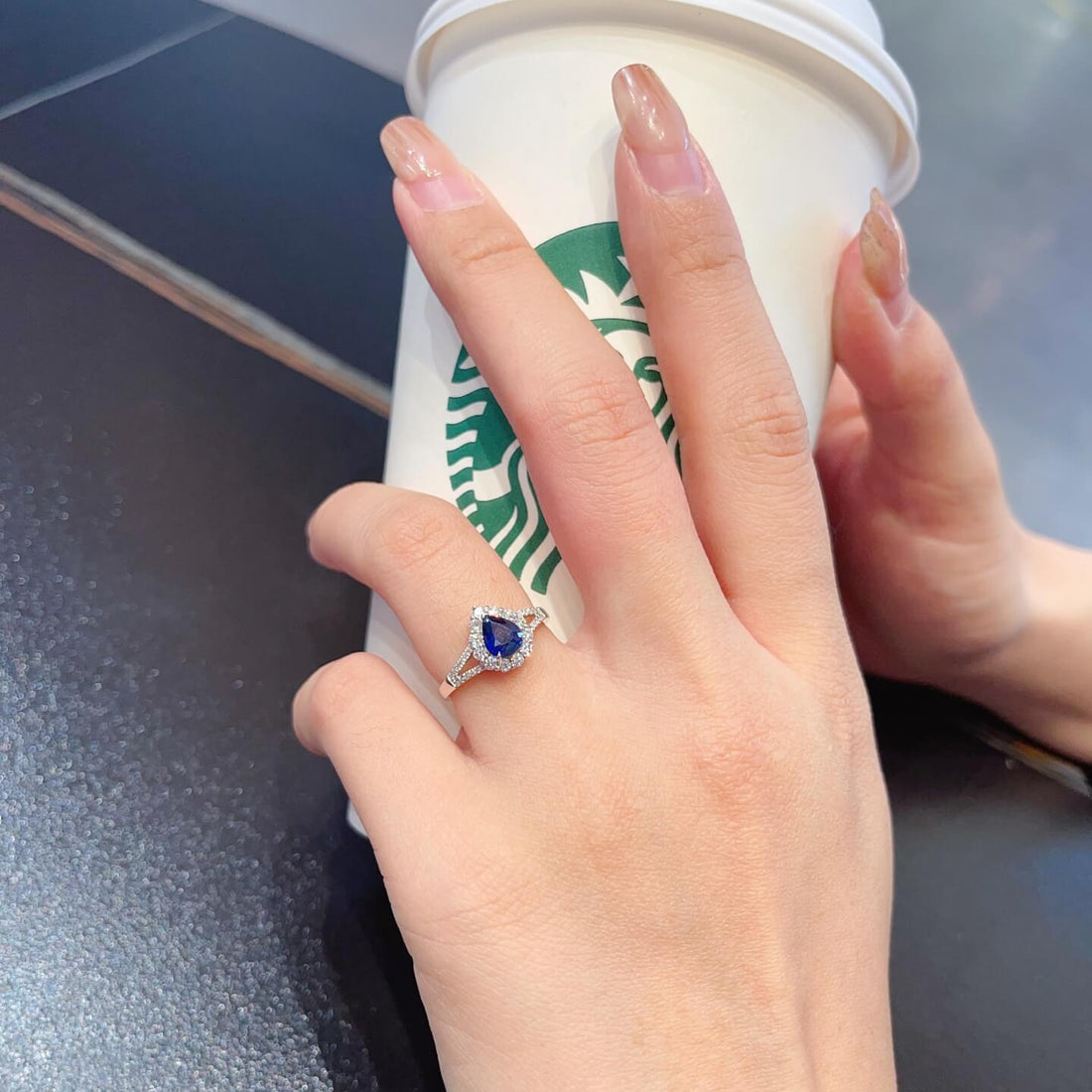 Halo setting pear cut  lab grown sapphire engagement ring