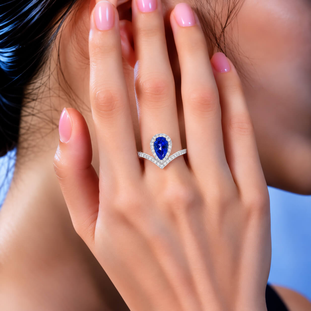 Halo setting pear cut  lab grown sapphire engagement ring