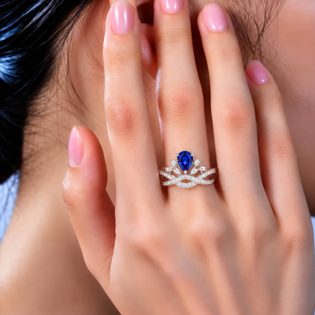 Halo setting pear cut  lab grown sapphire engagement ring