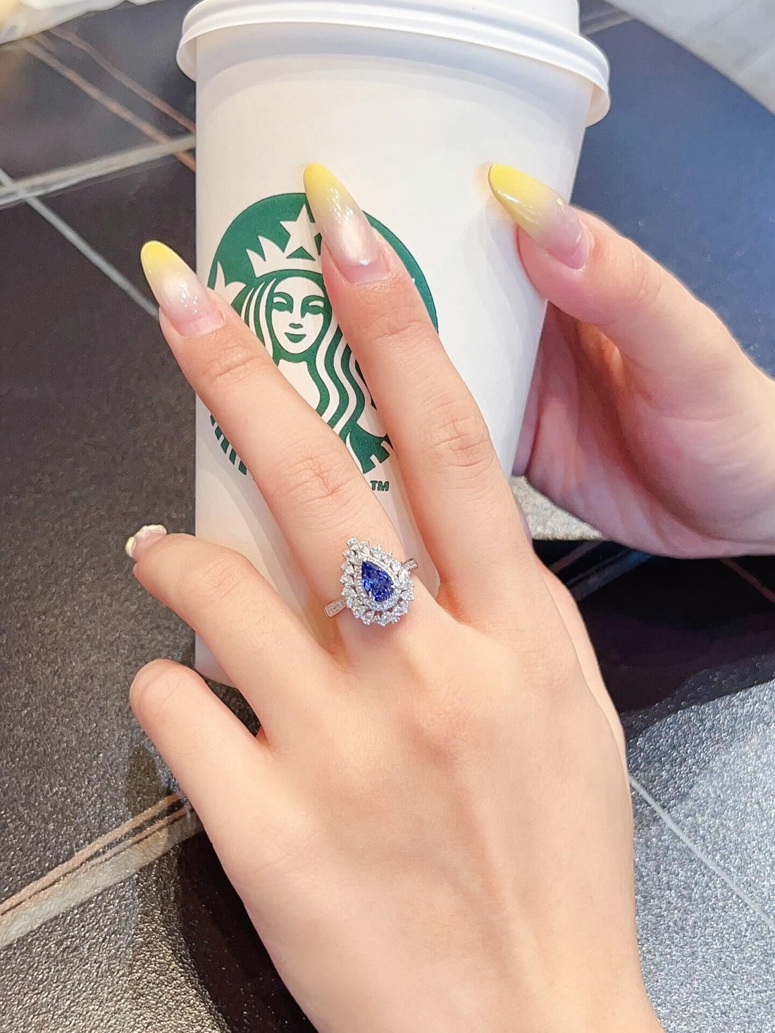Halo setting pear cut  lab grown sapphire engagement ring