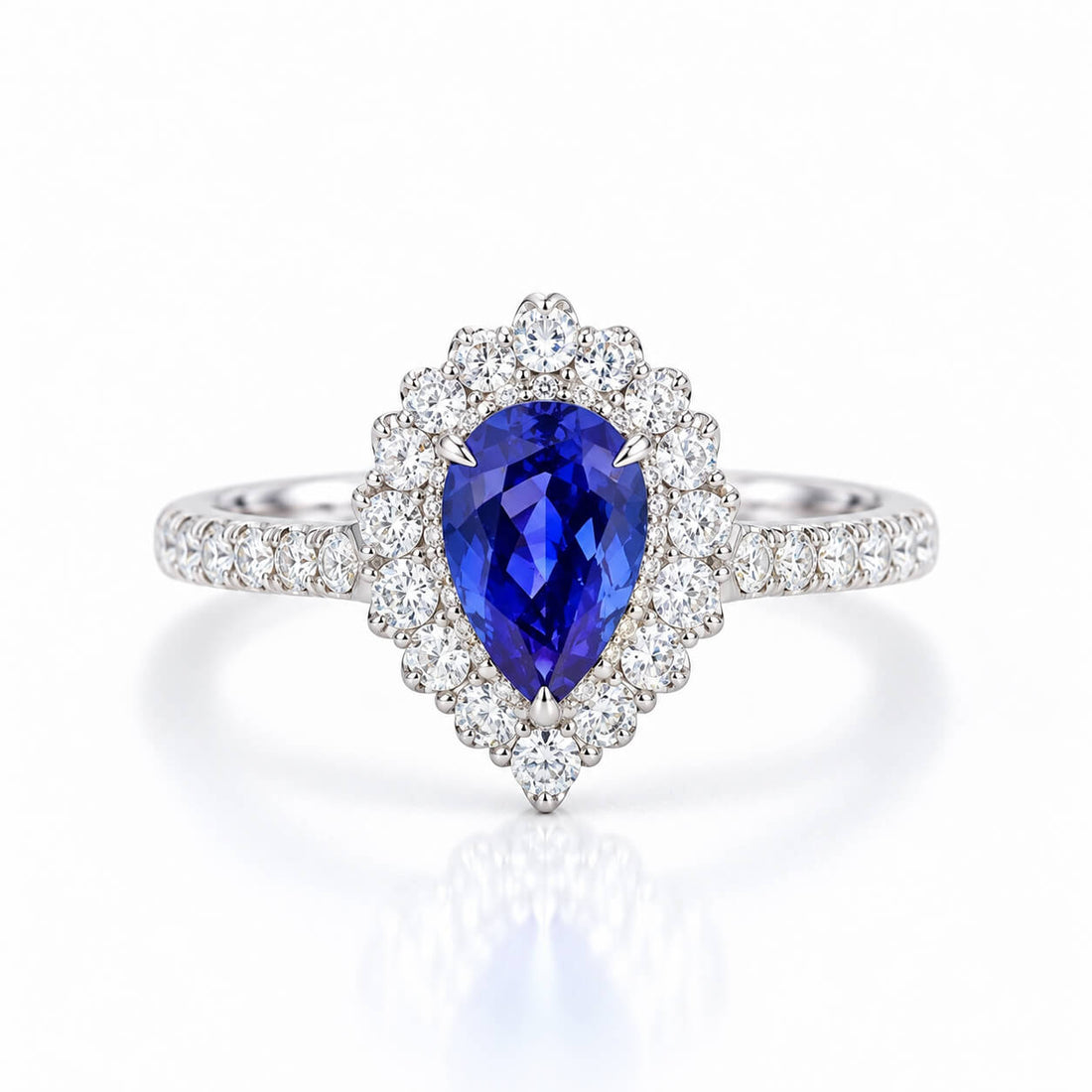 Halo setting pear cut  lab grown sapphire engagement ring