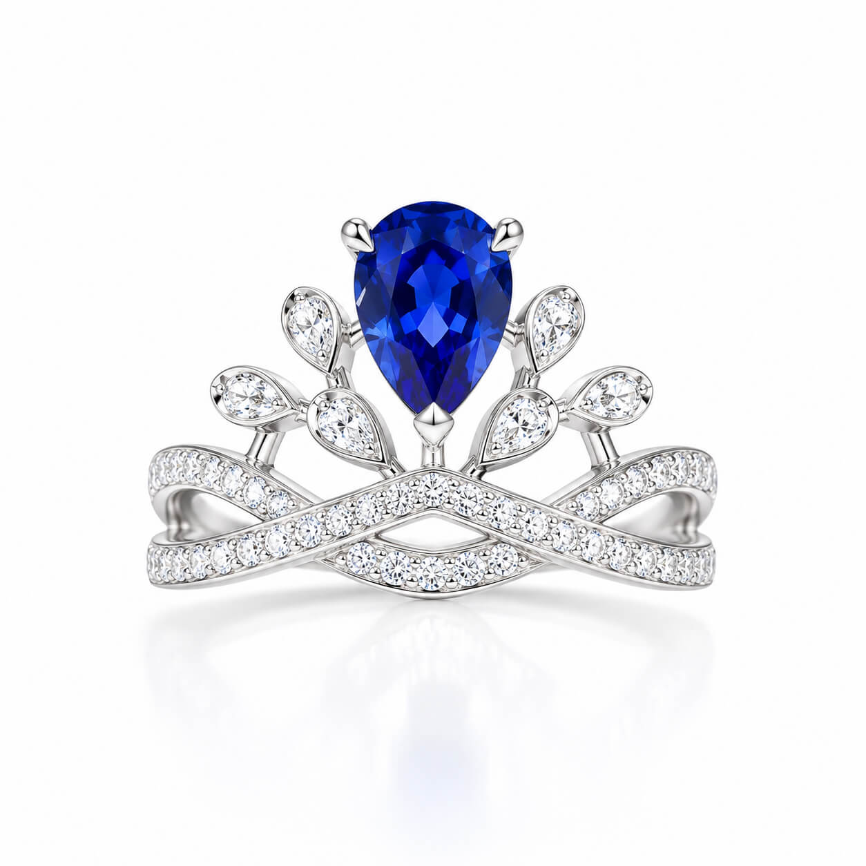 Halo setting pear cut  lab grown sapphire engagement ring