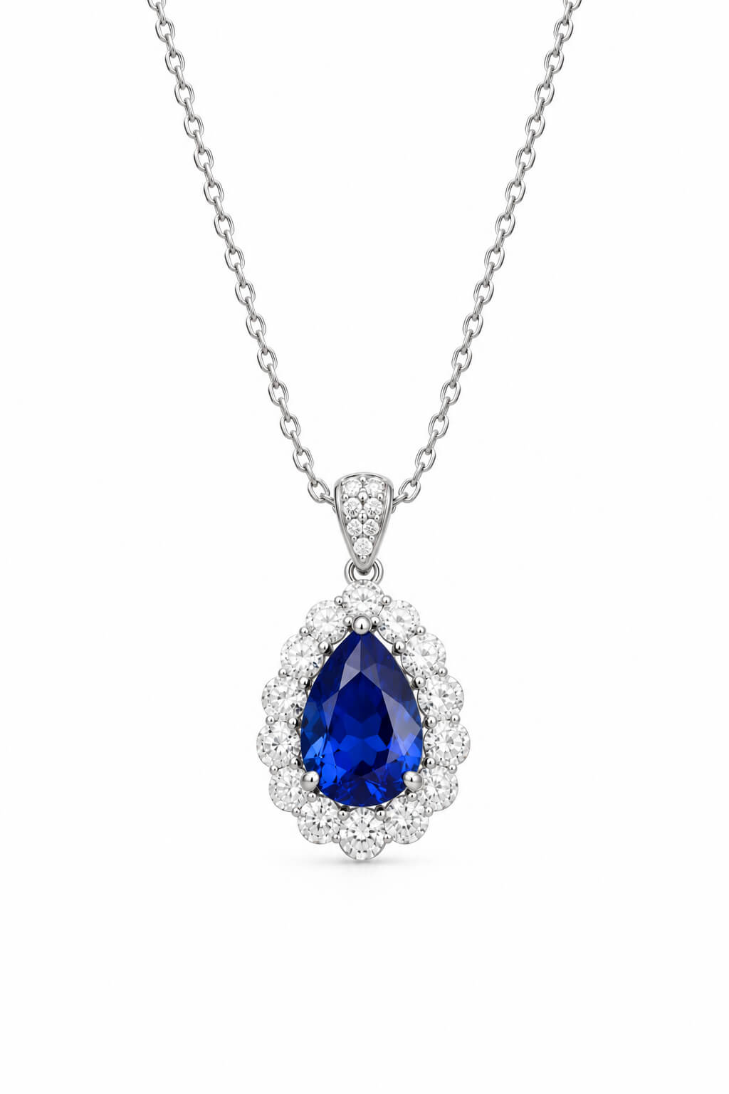 Halo setting pear cut lab grown sapphire pendant necklace