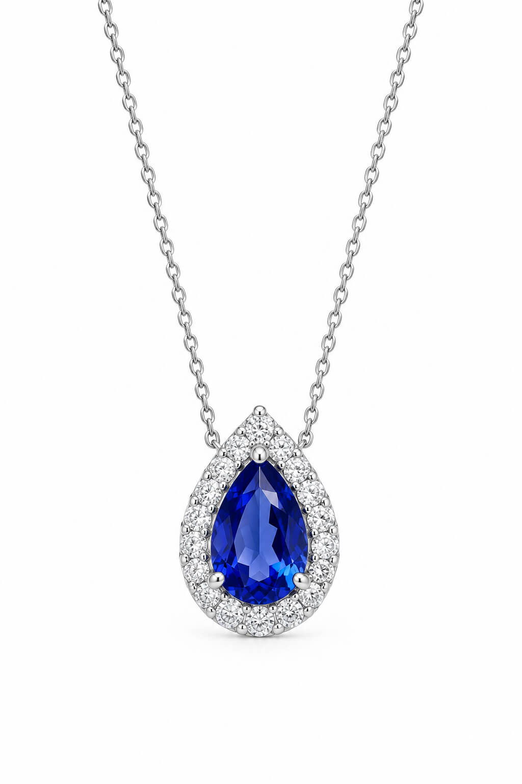 Halo setting pear cut lab grown sapphire pendant necklace